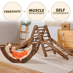 5in1 Montessori Climbing Set: Triangle Ladder, Climbing Arch, Slide, Net & Cushion – Chocolate (ONLINE ORDER ONLY)