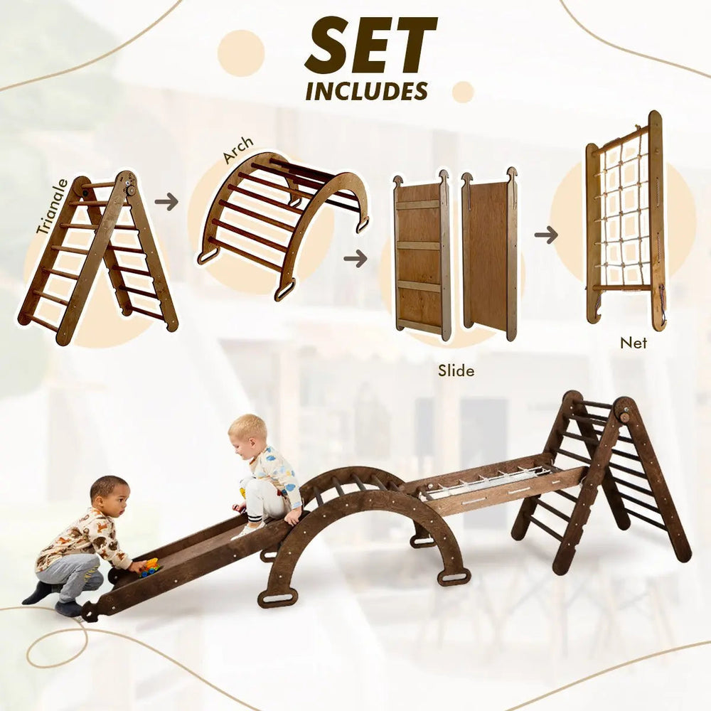 5in1 Montessori Climbing Set: Triangle Ladder, Climbing Arch, Slide, Net & Cushion – Chocolate (ONLINE ORDER ONLY)