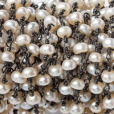 5mm Cream Button Freshwater Pearl Black Gold .925 Chain by the foot 32 beads (ONLINE ORDER ONLY)