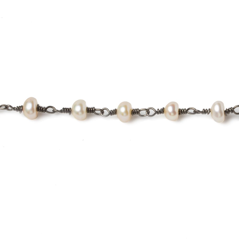 5mm Cream Button Freshwater Pearl Black Gold .925 Chain by the foot 32 beads (ONLINE ORDER ONLY)