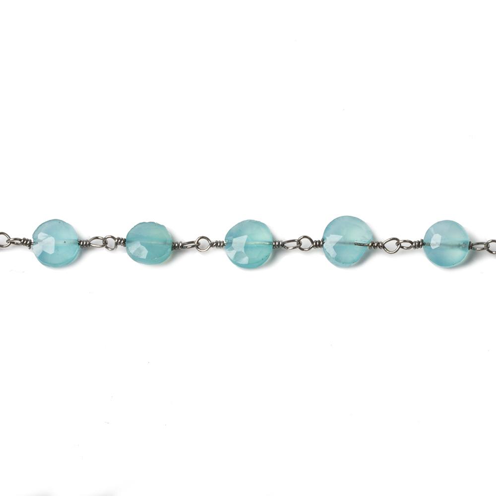5mm Seafoam Blue Chalcedony faceted coin Black Gold Chain by the foot 27 beads (ONLINE ORDER ONLY)