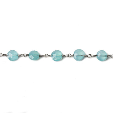 5mm Seafoam Blue Chalcedony faceted coin Black Gold Chain by the foot 27 beads (ONLINE ORDER ONLY)