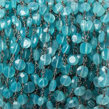 5mm Seafoam Blue Chalcedony faceted coin Black Gold Chain by the foot 27 beads (ONLINE ORDER ONLY)