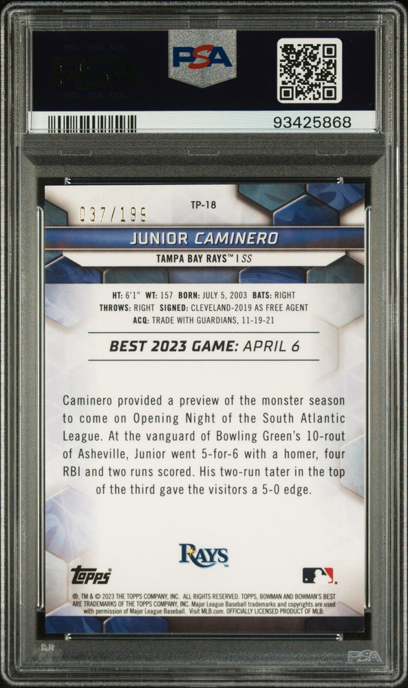 Graded 2023 Topps Bowmans Best Junior Caminero #TP18 Top Prospects Aqua Lava /199 Rookie RC Baseball Card PSA 10 Gem Mint (ONLINE ORDER ONLY)