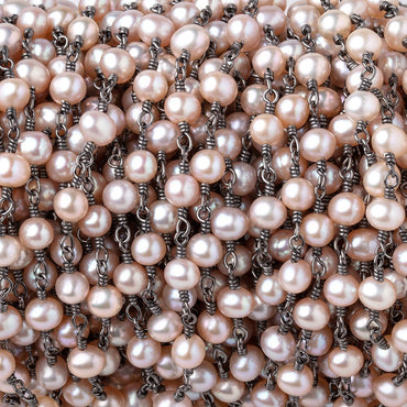 5x4.5mm Peachy Pink Off Round Pearls on Black Gold over .925 Silver Chain (ONLINE ORDER ONLY)