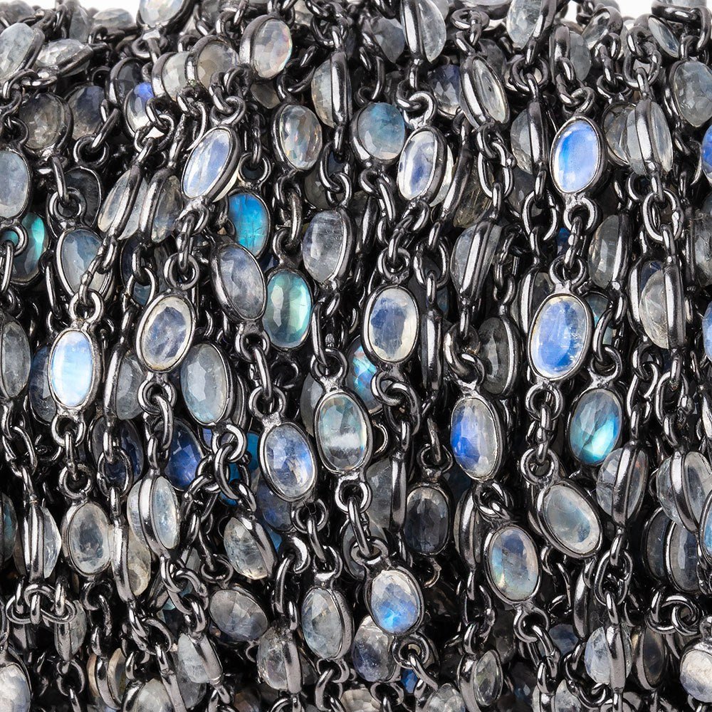 5x4mm Rainbow Moonstone Faceted Oval Cabochon Black Gold .925 Bezeled Chain (ONLINE ORDER ONLY)