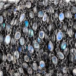 5x4mm Rainbow Moonstone Faceted Oval Cabochon Black Gold .925 Bezeled Chain (ONLINE ORDER ONLY)