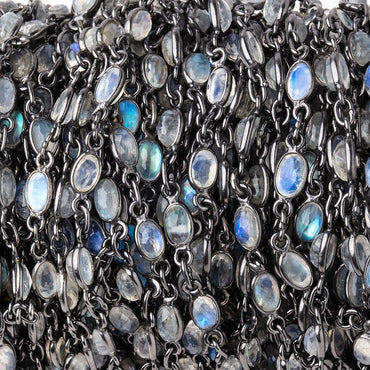 5x4mm Rainbow Moonstone Faceted Oval Cabochon Black Gold .925 Bezeled Chain (ONLINE ORDER ONLY)