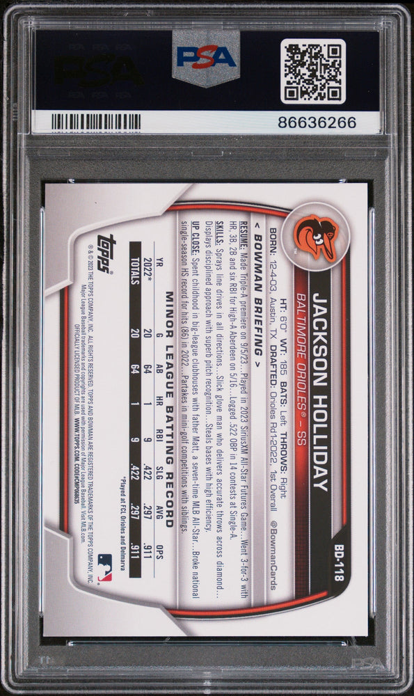 2023 BOWMAN DRAFT JACKSON HOLLIDAY  #BD118 - PSA 9 ROOKIE CARD (Online Order Only)