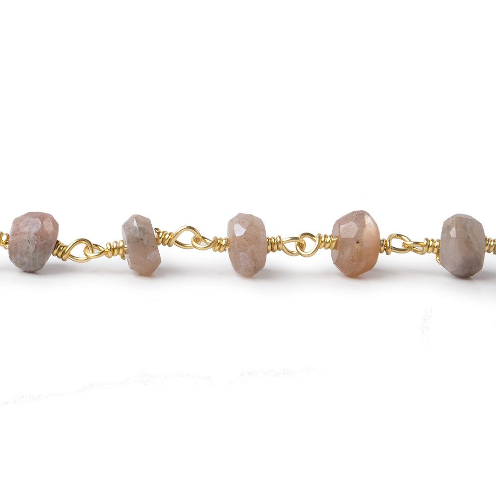 6-6.5mm Mystic Angel Skin Peach Moonstone faceted rondelle Gold Chain by the foot 25 pcs (ONLINE ORDER ONLY)