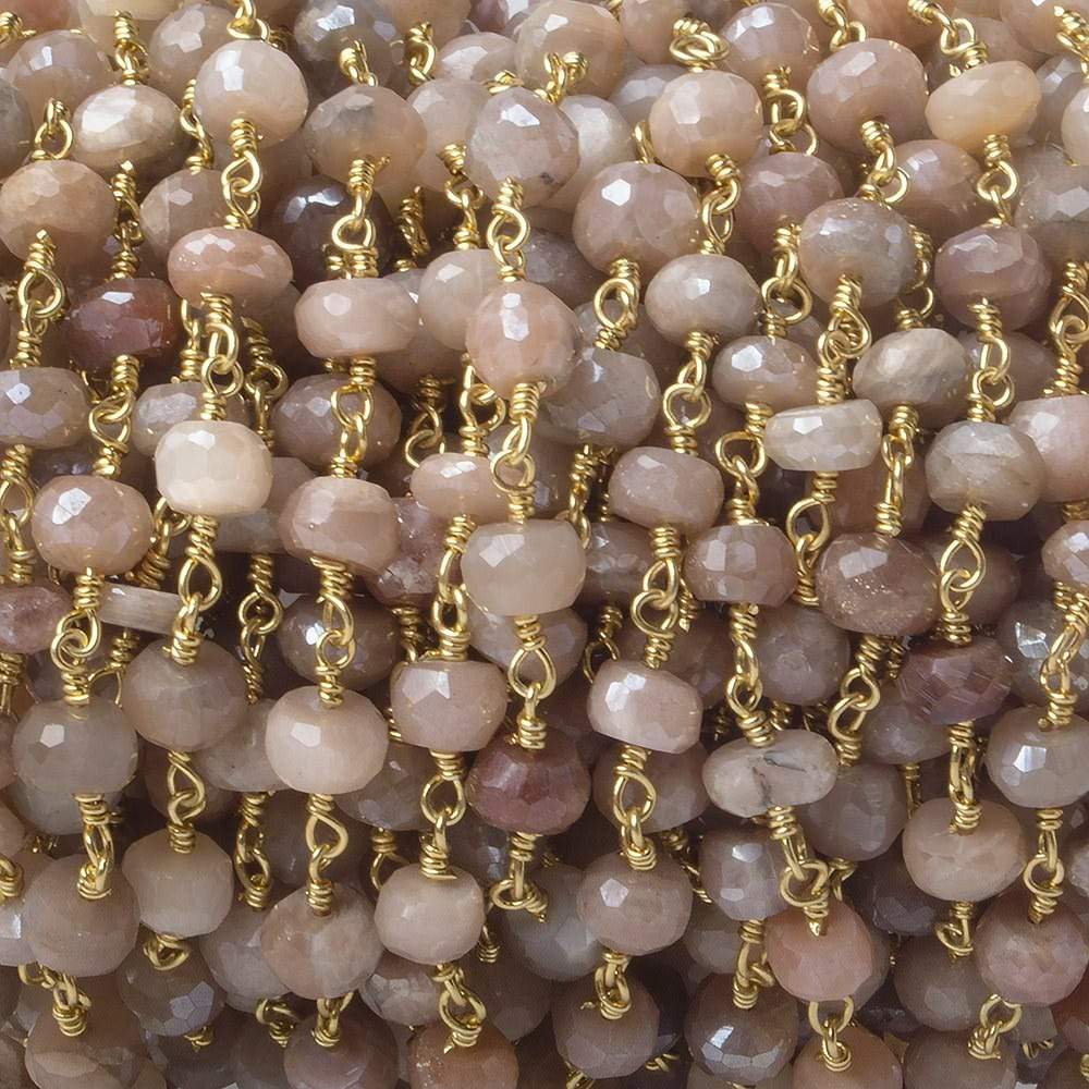 6-6.5mm Mystic Angel Skin Peach Moonstone faceted rondelle Gold Chain by the foot 25 pcs (ONLINE ORDER ONLY)