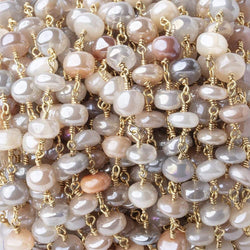 6-6.5mm Mystic Multi Moonstone Plain Rondelles on Gold Plated Chain by the Foot (ONLINE ORDER ONLY)
