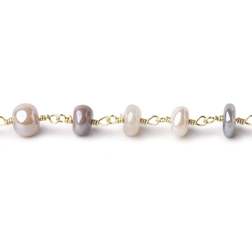 6-6.5mm Mystic Multi Moonstone Plain Rondelles on Gold Plated Chain by the Foot (ONLINE ORDER ONLY)