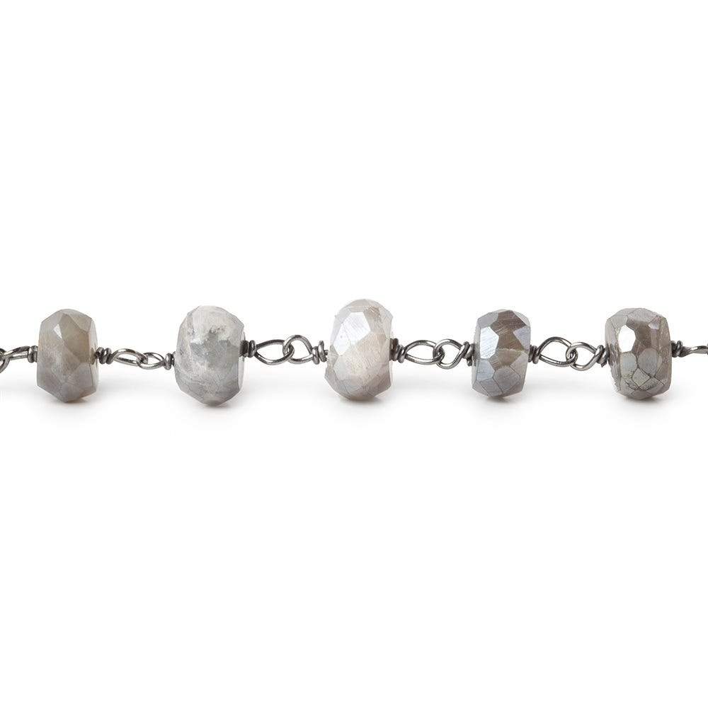 6-6.5mm Silver Mystic Grey Moonstone faceted rondelle Black Gold .925 Silver Chain by the foot 35 beads (ONLINE ORDER ONLY)