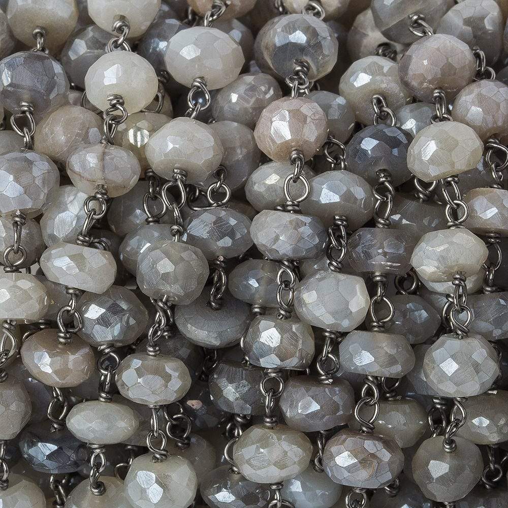 6-6.5mm Silver Mystic Grey Moonstone faceted rondelle Black Gold .925 Silver Chain by the foot 35 beads (ONLINE ORDER ONLY)