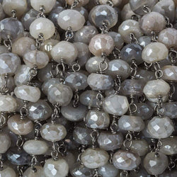 6-6.5mm Silver Mystic Grey Moonstone faceted rondelle Black Gold .925 Silver Chain by the foot 35 beads (ONLINE ORDER ONLY)
