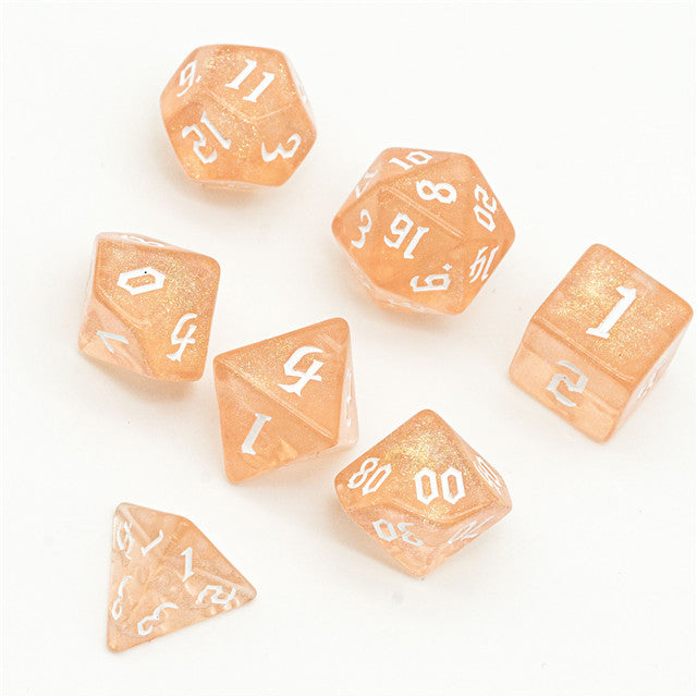 Peach Glitter Party Glitter Dice (White font) 7-Dice Set RPG DND (Online Only)