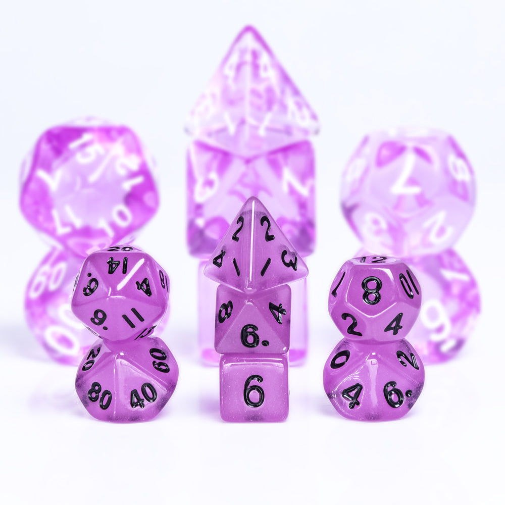 Purple Glow 7-Dice Mini-Dice RPG Set w/Black Numbers Miniature Dice (Online Only)