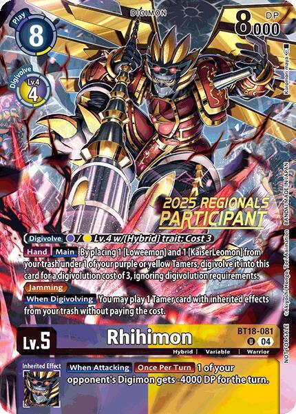 Rhihimon [BT18-081] (2025 Regionals Participant) [Release Special Booster Ver.2.0 Promos] (ONLINE ORDER ONLY)