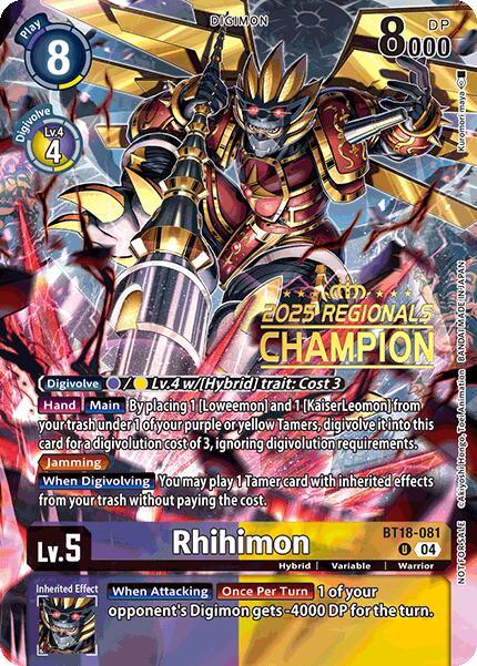 Rhihimon [BT18-081] (2025 Regionals Champion) [Release Special Booster Ver.2.0 Promos] (ONLINE ORDER ONLY)