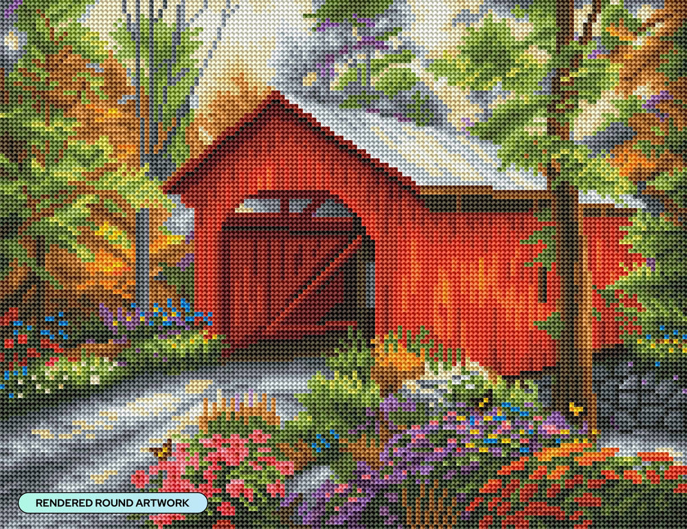 Diamond Art Club – Red Covered Bridge Diamond Painting (Round Drill, 17" x 13") (ONLINE ORDER ONLY)