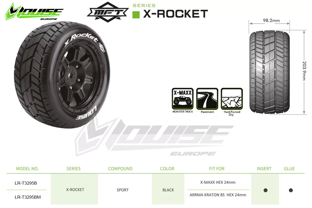 Louise RC MFT X-Rocket Monster Truck Belted Tires Mounted 24mm Hex Arrma Kraton 8S (2) LT3295BM (ONLINE ORDER ONLY)
