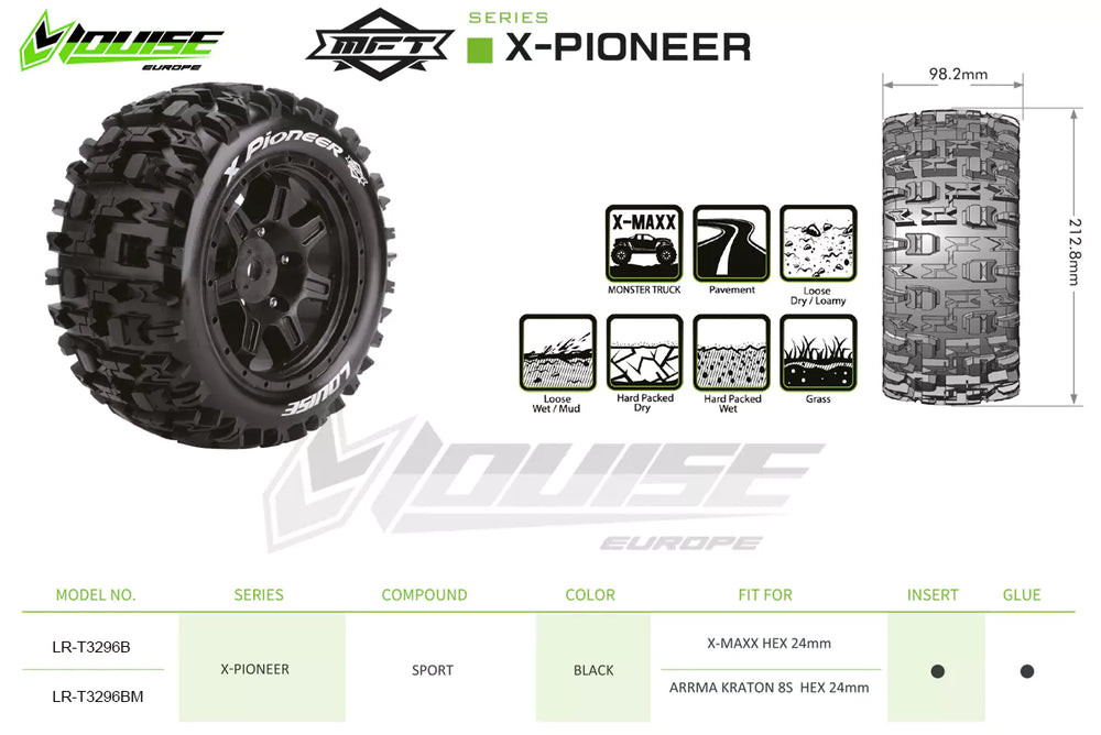 Louise R/C MFT X-Pioneer X-MAXX Sport Monster Truck Tires Mounted, 24mm Hex, (2) LT3296B (ONLINE ORDER ONLY)
