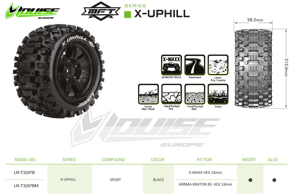Louise RC MFT X-Uphill Monster Truck Belted Tires Mounted 24mm Hex Arrma Kraton 8S (2) LT3297BM (ONLINE ORDER ONLY)