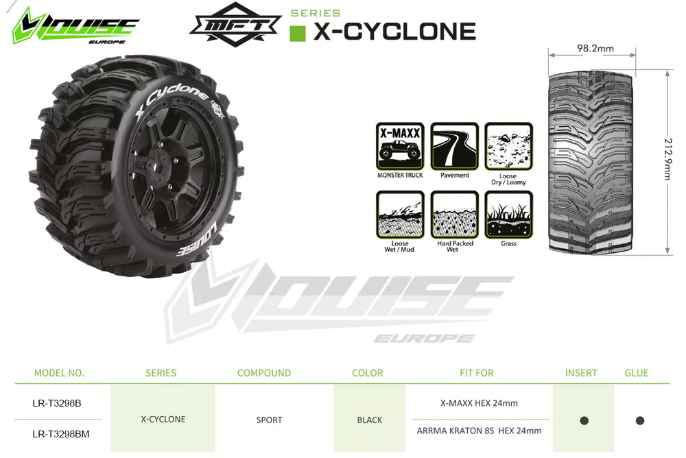 Louise RC MFT X-Cyclone Monster Truck Belted Tires Mounted 24mm Hex Arrma Kraton 8S (2) LT3298BM (ONLINE ORDER ONLY)