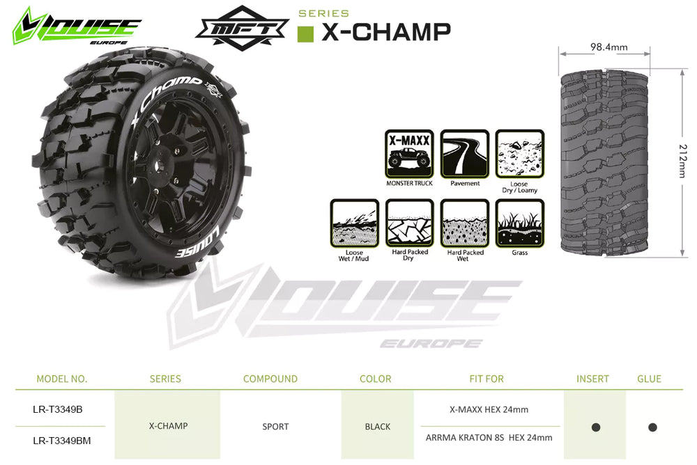 Louise RC MFT X-Champ Monster Truck Belted Tires Mounted 24mm Hex Kraton 8S (2) LT3349BM (ONLINE ORDER ONLY)