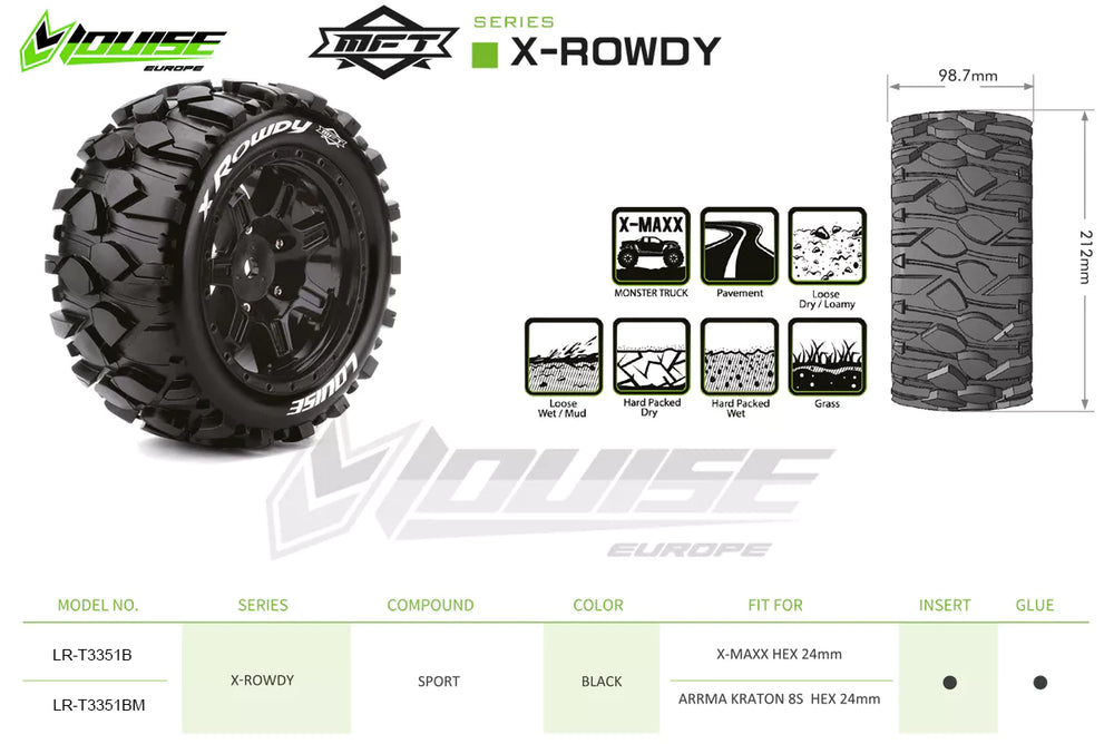 Louise R/C MFT X-Rowdy Sport Monster Truck Belted Tires, 24mm Hex, Mounted (2) Kraton 8S LT3351BM (ONLINE ORDER ONLY)