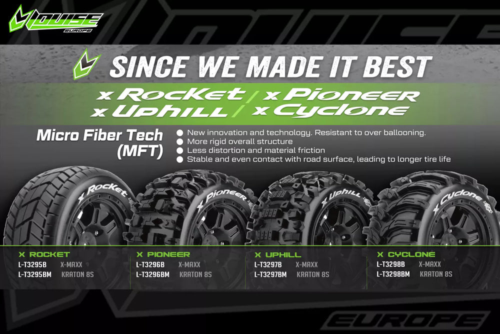 Louise RC MFT X-Rocket Monster Truck Belted Tires Mounted 24mm Hex Arrma Kraton 8S (2) LT3295BM (ONLINE ORDER ONLY)