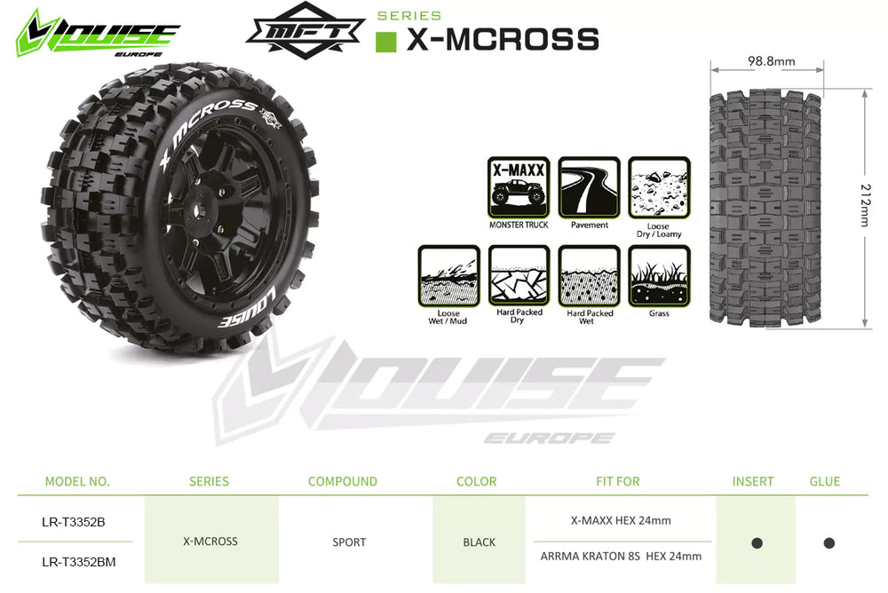 Louise R/C MFT X-Mcross X-MAXX XRT Sport Monster Truck Tires, 24mm Hex, (2) LT3352B (ONLINE ORDER ONLY)