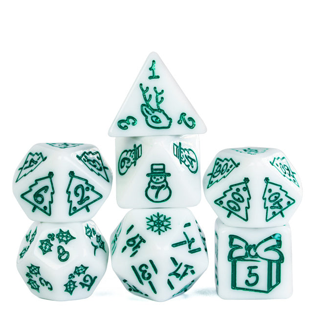 White Christmas Dice w/Green Presents Trees Snowman Holiday Festive (Online Only)