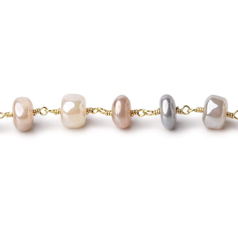 6.5-7.5mm Mystic Multi Moonstone Plain Rondelles on Gold Plated Chain by the Foot (ONLINE ORDER ONLY)