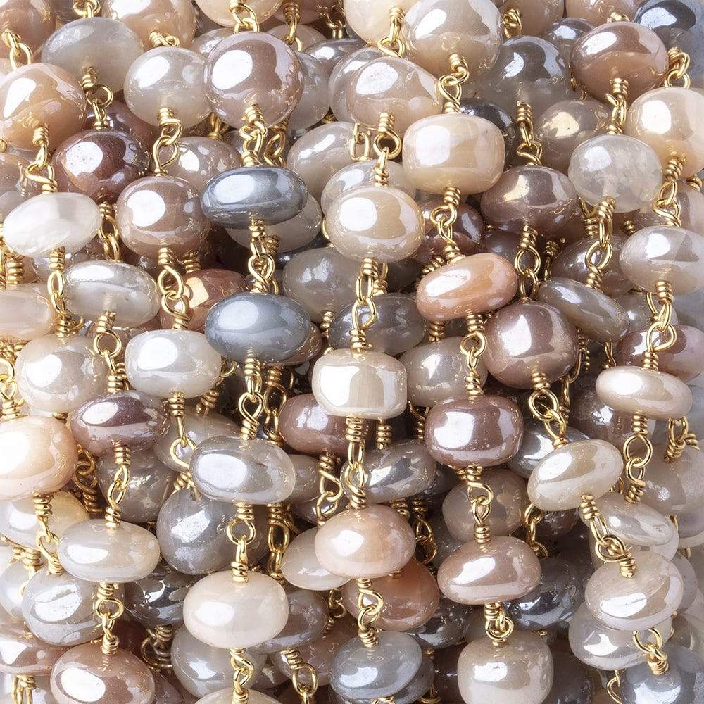 6.5-7.5mm Mystic Multi Moonstone Plain Rondelles on Gold Plated Chain by the Foot (ONLINE ORDER ONLY)
