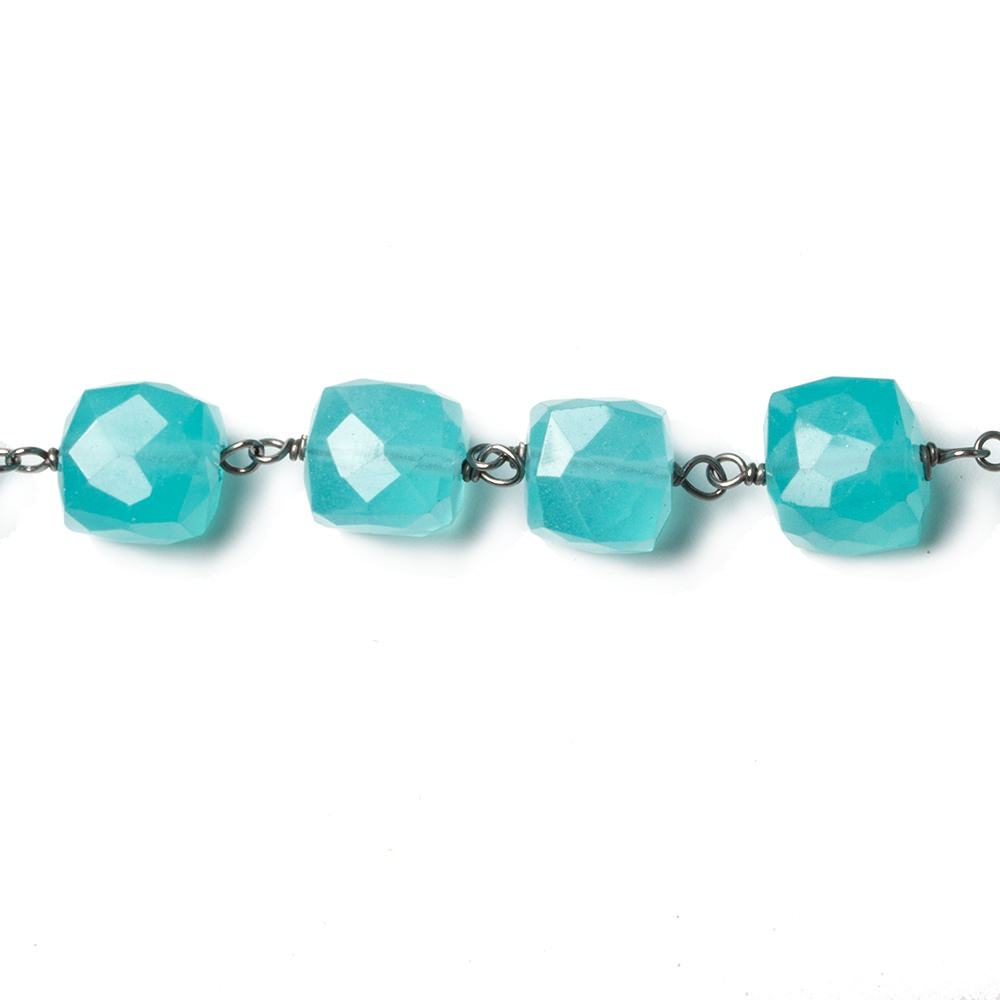 6.5-7mm Apatite-blue Chalcedony faceted cube Oxidized Silver Chain by the foot (ONLINE ORDER ONLY)
