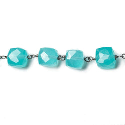 6.5-7mm Apatite-blue Chalcedony faceted cube Oxidized Silver Chain by the foot (ONLINE ORDER ONLY)