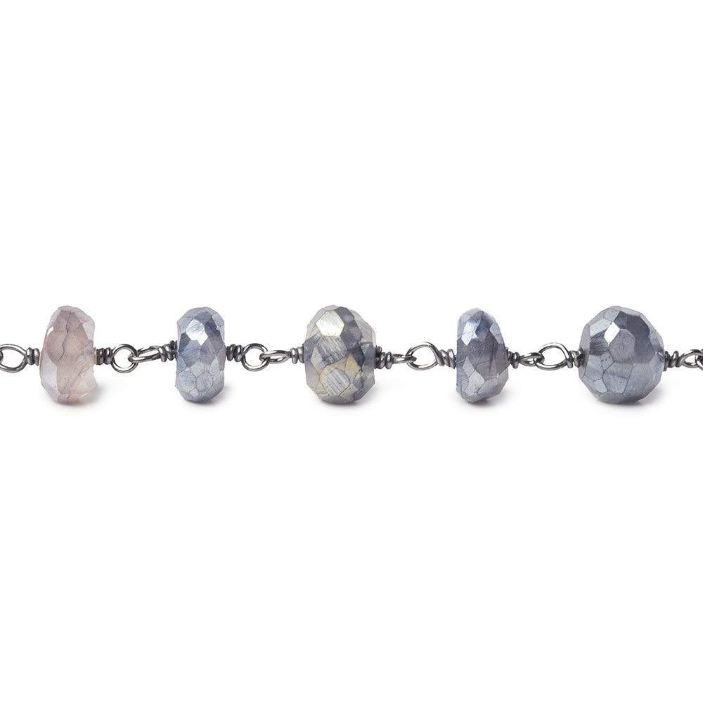 6.5-7mm Silver Mystic Platinum Moonstone faceted rondelle Black Gold .925 Silver Chain by the foot 32 beads (ONLINE ORDER ONLY)