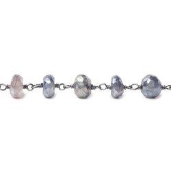 6.5-7mm Silver Mystic Platinum Moonstone faceted rondelle Black Gold .925 Silver Chain by the foot 32 beads (ONLINE ORDER ONLY)