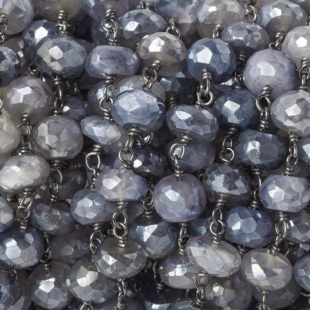 6.5-7mm Silver Mystic Platinum Moonstone faceted rondelle Black Gold .925 Silver Chain by the foot 32 beads (ONLINE ORDER ONLY)