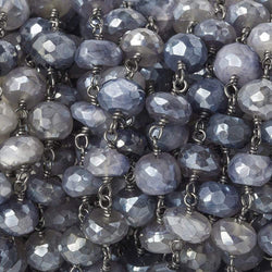 6.5-7mm Silver Mystic Platinum Moonstone faceted rondelle Black Gold .925 Silver Chain by the foot 32 beads (ONLINE ORDER ONLY)