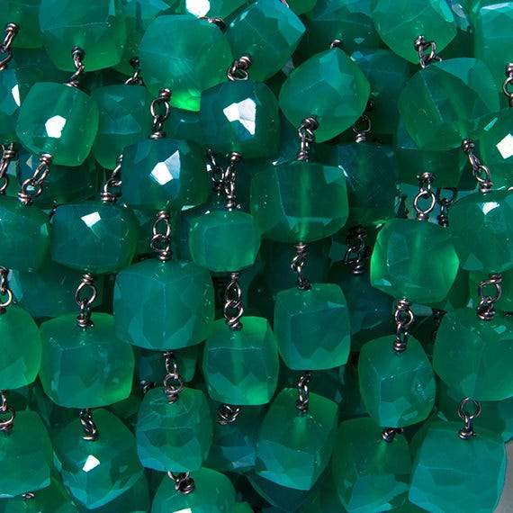 6.5-8mm True Green Onyx cube Black Gold over Silver Chain by the foot (ONLINE ORDER ONLY)