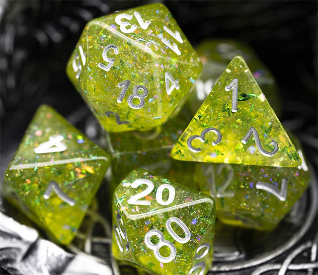 Green Cloud Brocade Powder 7-Dice Dnd Dice | Glitter w/Silver Numbers Set (Online Only)