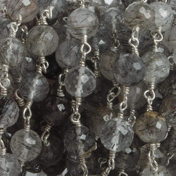 6.5mm Black Tourmalinated Quartz faceted round .925 Silver Chain by the foot 24 pieces (ONLINE ORDER ONLY)