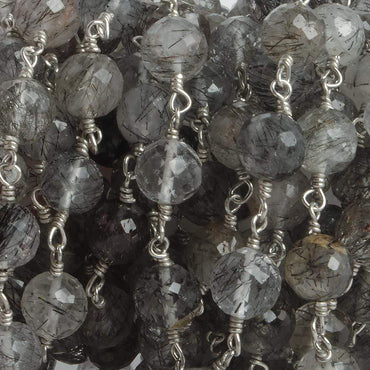 6.5mm Black Tourmalinated Quartz faceted round .925 Silver Chain by the foot 24 pieces (ONLINE ORDER ONLY)