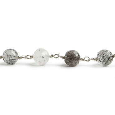 6.5mm Black Tourmalinated Quartz faceted round .925 Silver Chain by the foot 24 pieces (ONLINE ORDER ONLY)