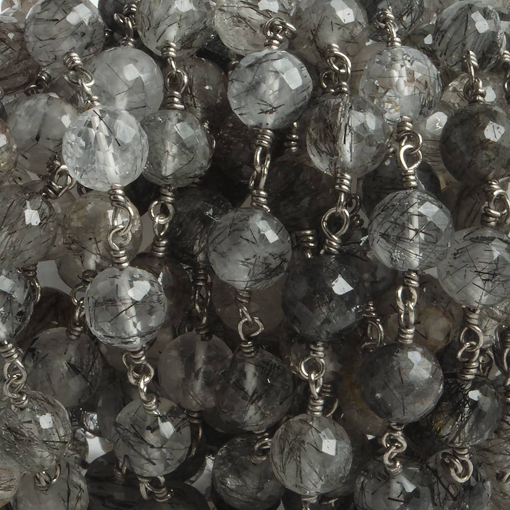 6.5mm Black Tourmalinated Quartz faceted round Black Gold .925 Silver Chain by the foot 24 pieces (ONLINE ORDER ONLY)