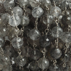 6.5mm Black Tourmalinated Quartz faceted round Black Gold .925 Silver Chain by the foot 24 pieces (ONLINE ORDER ONLY)