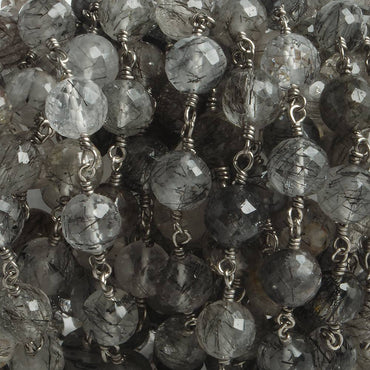 6.5mm Black Tourmalinated Quartz faceted round Black Gold .925 Silver Chain by the foot 24 pieces (ONLINE ORDER ONLY)